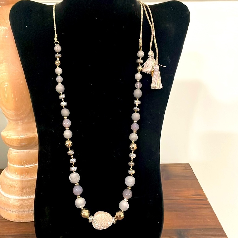 Chan Luu natural grey geode stone and larger crystaltal double tassel necklace